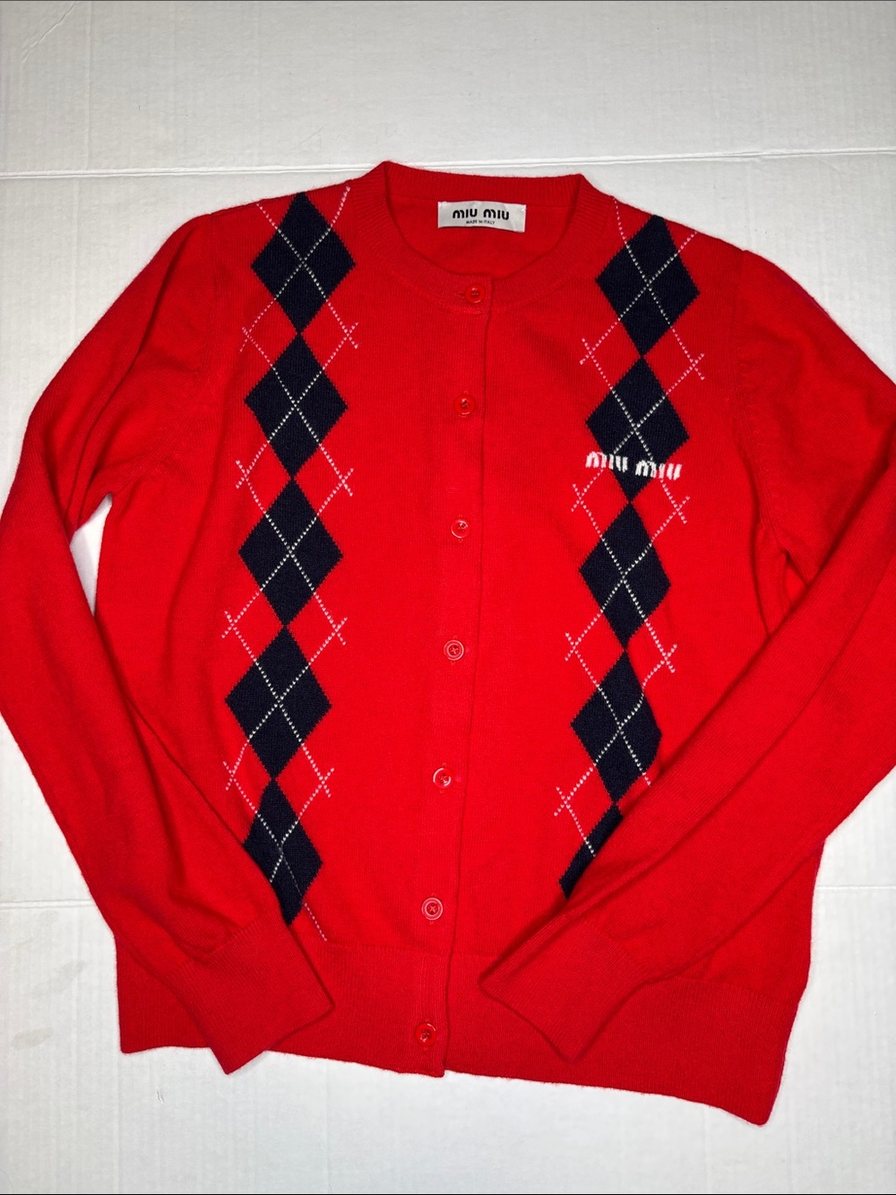 Miu Miu cardigan sweater, argyle print, size large.